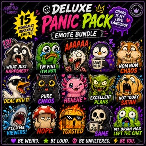 Puede incluir: Un gráfico digital con 15 emoticonos de dibujos animados titulado Deluxe Panic Pack Emote Bundle. Los personajes incluyen un mapache, rana, zarigüeya, pingüino, hámster, pato, gato, ajolote, duende, perro, tiburón, hongo, tostada, esqueleto y una masa verde.