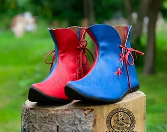 Botas de bufón hechas a mano, zapatos medievales de cuero de arlequín, botas renacentistas de pirata de fantasía.
