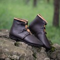 Hand-stitched Leather Knight Boots, Triple Buckle Ankle Shoes, Medieval Viking Fantasy Footwear