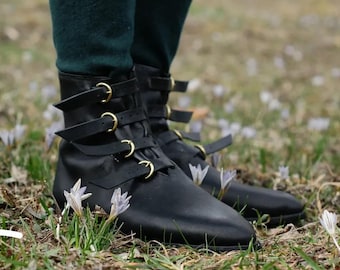 Unisex Medieval Hobnail Boots - Handmade Leather Buckle Shoes - Men’s Viking Boots - Women’s Gothic Period Boots