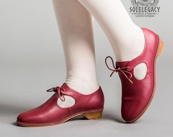 Cherry Red Mary Jane Heels, Handmade Vintage Leather Shoes, Romantic Cottagecore Regency Footwear, Retro Women Flats