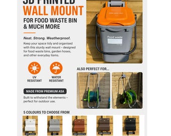 3D Printed Wall Mount, Food Waste Bin, Hose Reel Holder, Heavy Duty ASA, Weatherproof