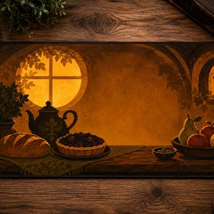 May include: A rectangular desk mat featuring a warm, illustrated scene of a cozy interior with a round window, a teapot, a loaf of bread, a berry tart, and a bowl of fruit. The artwork is rendered in shades of amber, brown, and gold, depicting a rustic table setting with a hanging lantern and foliage.