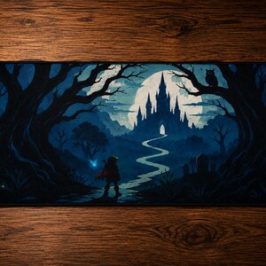 May include: A rectangular desk mat featuring a dark blue illustration of a silhouette figure standing on a path leading toward a distant castle under a large full moon. The scene is framed by dark, gnarled trees and includes a small owl perched on a branch.