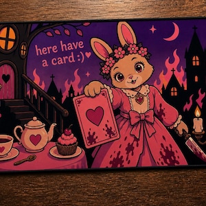 May include: A whimsical mousepad featuring a cartoon bunny in a pink dress holding a playing card with a heart. The scene includes a teapot, cupcake, and a spooky castle backdrop with the text "here have a card :) ".