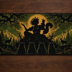 Könnte beinhalten: Eine rechteckige Schreibtischunterlage mit einer dunkelgrünen und goldenen Illustration einer zentralen Figur mit einem Eichhörnchen auf der Schulter, umgeben von vier kleinen Tieren, zwei Hirschen und einer Waldlandschaft vor einem großen Mond.