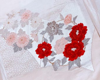Obi Nagoya japonés vintage / Faja de kimono de seda floral / Camino de mesa de flores color marfil y rojo para decoración de pared