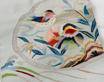 Vintage Japanese Nagoya Obi | Mandarin Ducks & Flowing Water Silk Obi with Silver Thread | Elegant Woven Textile Wall Art