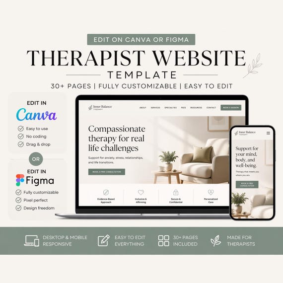 Therapist Website Template | Canva, Figma, Counseling, Mental Health Pages