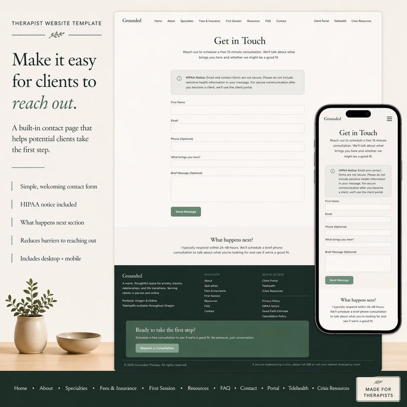 Peut inclure: Un mod&egrave;le de site web pour th&eacute;rapeutes, pr&eacute;sentant un formulaire de contact avec des champs pour le nom, l'e-mail et le message. La conception comprend une vue de bureau et mobile, avec le texte "Get in Touch" et "Ready to take the first step?"