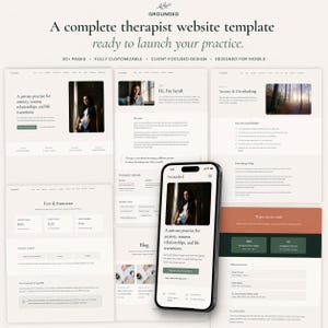 Peut inclure: Pr&eacute;sentation d'un mod&egrave;le de site web pour th&eacute;rapeutes, avec un design minimaliste. L'image montre plusieurs pages, dont une version mobile sur un smartphone. Le mod&egrave;le comprend des sections pour les tarifs, les assurances et un blog.