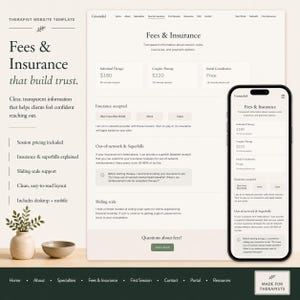 Peut inclure: Mod&egrave;le de site web pour th&eacute;rapeutes, pr&eacute;sentant les tarifs et les informations d'assurance. La conception comprend des vues pour ordinateur et mobile, avec les prix des th&eacute;rapies individuelles et de couple, et des d&eacute;tails sur les assurances.