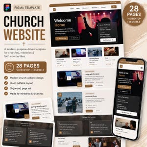 May include: A website template design for churches, ministries, and faith communities. The design includes a desktop and mobile view, with 28 pages total. The design features a modern layout with editable elements and organized page sets.