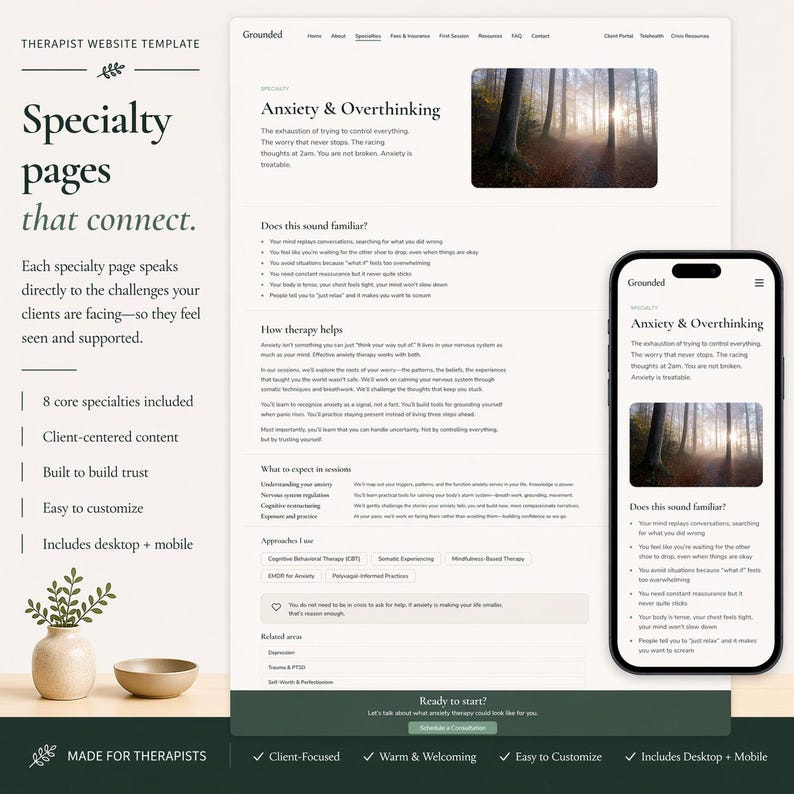 Peut inclure: Mod&egrave;le de site web pour th&eacute;rapeutes, pr&eacute;sentant des vues sur ordinateur et mobile. La conception comprend des sections sur les pages de sp&eacute;cialit&eacute;, le contenu centr&eacute; sur le client et une personnalisation facile. Le mod&egrave;le est chaleureux.