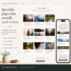 Peut inclure: Un mod&egrave;le de site web pour th&eacute;rapeutes, pr&eacute;sentant des pages sp&eacute;cialis&eacute;es con&ccedil;ues pour interagir avec les clients. La conception comprend des vues pour ordinateur et mobile, avec un accent sur le langage centr&eacute; sur le client et huit sp&eacute;cialit&eacute;s principales. Le mod&egrave;le a un design &eacute;pur&eacute; et calme.