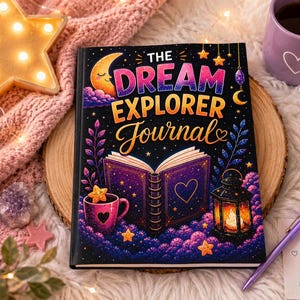 May include: A hardcover journal titled The Dream Explorer Journal with a black cover featuring a colorful illustration of a crescent moon, an open book, a pink mug, and a lantern. The cover art includes purple, pink, and gold accents.
