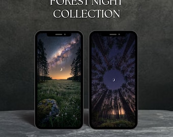 7 fondos de pantalla de cielo nocturno en el bosque / Bosque oscuro, luna creciente / iPhone y Android (descarga instantánea)