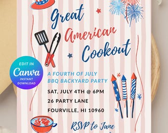 Invitación editable de Canva para la fiesta del 4 de julio, Día de la Independencia, Cuadros vichy, GAC, Barbacoa, Comida americana