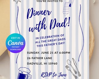 Invitación editable de Canva para el Día del Padre, cena, cuadros vichy, jardín, semiformal, informal, invitación digital