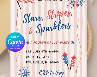 Invitación editable de Canva para la fiesta del 4 de julio (Día de la Independencia): Cuadros vichy, fuegos artificiales, estrellas, rayas y bengalas.