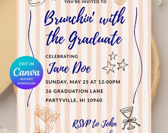 Invitación editable de Canva para fiesta de graduación tipo brunch, cuadros vichy, picnic, jardín, estilo garabato, estilo informal formal, invitación digital