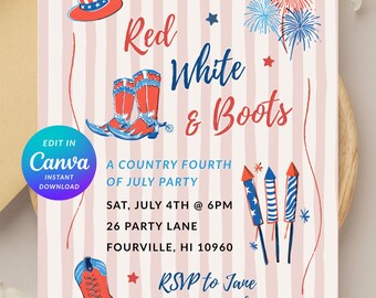 Invitación editable de Canva para la fiesta del 4 de julio, Día de la Independencia, Cuadros vichy, Estilo campestre, Rojo, Blanco, Botas