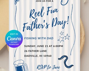 Invitación editable de Canva para el Día del Padre: Día de Pesca, Cuadros Vichy, Diversión en el Lago, Estilo Informal, Invitación Digital