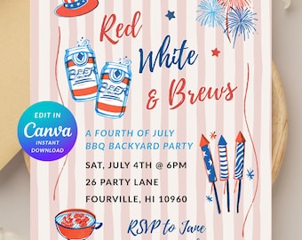 Plantilla editable de Canva para invitación de fiesta del 4 de julio con temática de cervezas rojas y blancas (descarga instantánea)