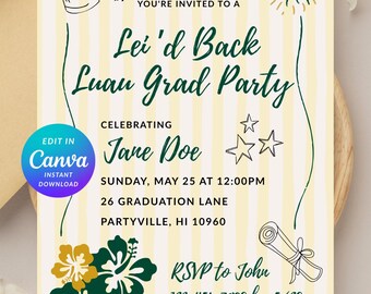 Canva Editable Luau Graduation Party Invitation, Aloha, Local, Picnic, Backyard, Lei, Floral, Digital Invite