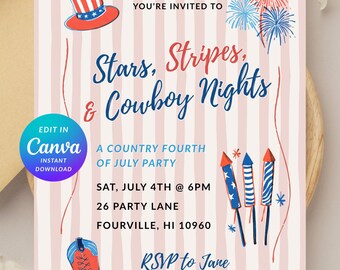 Invitación editable de Canva para la fiesta del 4 de julio, Día de la Independencia, Cuadros vichy, Estilo campestre, Estrellas, Rayas, Vaquero