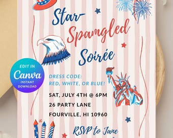 Plantilla editable de Canva para invitación a fiesta del 4 de julio. Descarga instantánea.