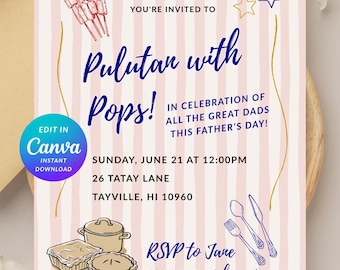 Invitación digital editable en Canva para fiesta del Día del Padre (Pulutan Filipino), diseño a cuadros, estilo jardín, informal.