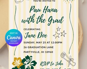 Invitación editable de Canva para fiesta de graduación Pau Hana, Aloha, Local, Jardín trasero, Lei, Floral, Invitación digital