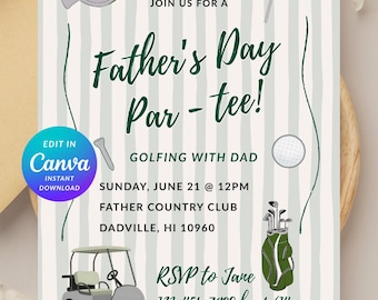 Canva Editable Fathers Dad Day Invitation, Golf Club Golfing Party, Partee, Gingham, Digital Invite