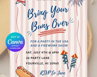 Invitación editable de Canva para fiesta del 4 de julio, Día de la Independencia, Cuadros vichy, Barbacoa, Barbacoa, Patio trasero, Informal,