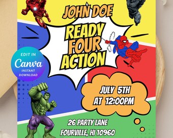 Plantilla editable de Canva para invitación de cumpleaños de Four Action, temática de superhéroes de Marvel, ideal para fiestas infantiles. Descarga instantánea.