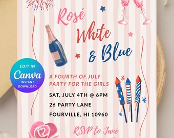Plantilla editable de Canva para invitación de fiesta del 4 de julio en rosa, blanco y azul para niñas (descarga instantánea)