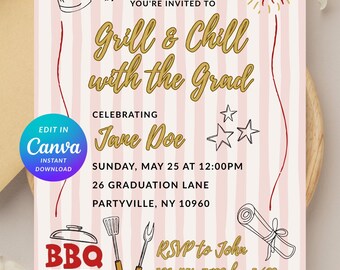 Canva Editable Grill & Chill Graduation Party Invitation, Gingham, Backyard, Doodle, BBQ, Casual, Digital Invite