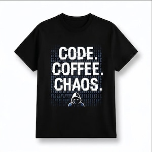May include: A black short-sleeved t-shirt featuring a graphic print with the white text CODE. COFFEE. CHAOS. set against a background of blue binary code digits and a stylized illustration of a hooded figure in the center of the design.