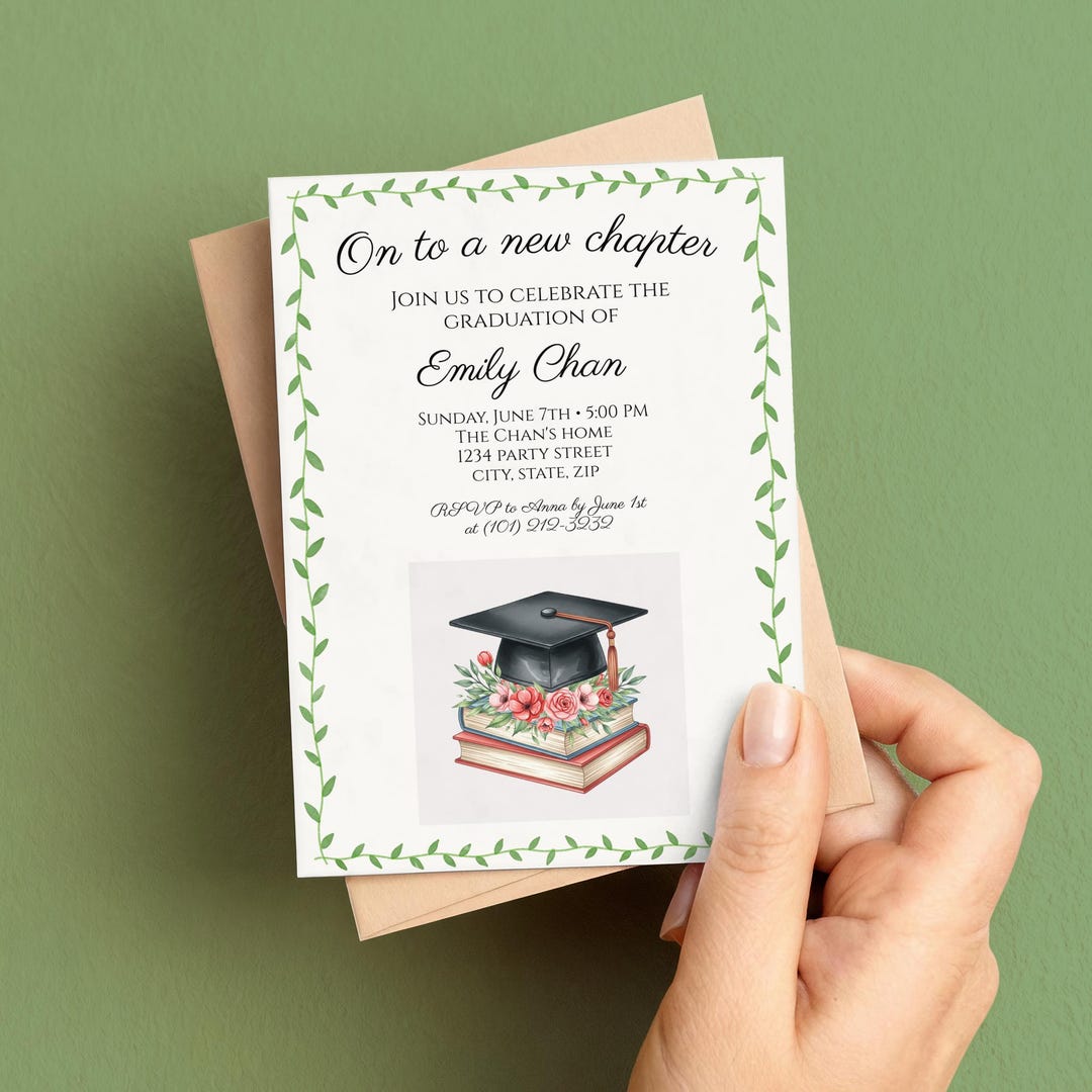 Graduation Invitation – New Chapter Book Theme, Floral Design (digital ...