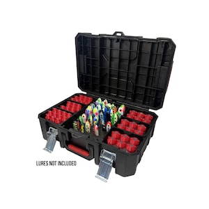 May include: Black plastic tackle box with red and black interior compartments. The box is open, revealing various fishing lures and red storage components. The text "LURES NOT INCLUDED" is printed on the front of the box.