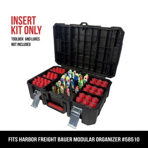 May include: Black modular organizer insert kit with red and black compartments, holding colorful fishing lures. The text "INSERT KIT ONLY" and "FITS HARBOR FREIGHT BAUER MODULAR ORGANIZER #58510" are visible.