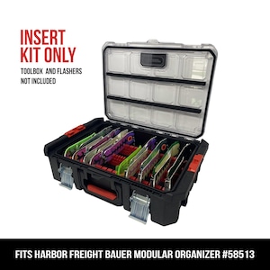 May include: Black modular organizer insert kit with a clear lid, containing multiple compartments and colorful items. The text "INSERT KIT ONLY" is displayed in red. The text "FITS HARBOR FREIGHT BAUER MODULAR ORGANIZER #58513" is displayed at the bottom.