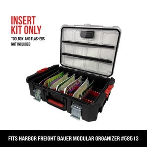 May include: Black modular organizer with a clear lid, red accents, and silver latches. The organizer is open, revealing dividers and colorful inserts. Text on the image reads "INSERT KIT ONLY" and "FITS HARBOR FREIGHT BAUER MODULAR ORGANIZER #58513."
