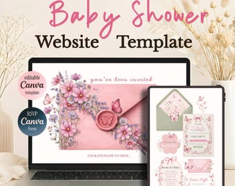 Pink Butterfly Baby Shower Website Template, Baby Girl Invitation, Editable Canva RSVP, Floral Digital Evite