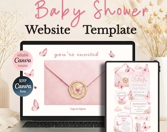 Pink Butterfly Baby Shower Website Template, Watercolor Girl Invitation, Baby Girl Invitation, Editable Canva RSVP, Floral Digital Evite