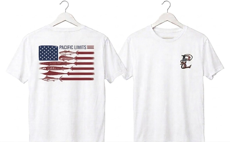 May include: White t-shirts with a nautical theme. One shirt features a design of an American flag with fish in place of stripes and the text "PACIFIC LIMITS". The other shirt has a small anchor and "PL" logo.