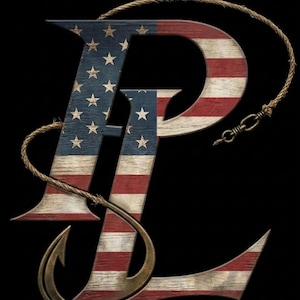 May include: A patriotic design featuring the letters "PL" in a distressed wood texture, adorned with the American flag. A rope and a fishing hook are incorporated into the design, set against a black background.