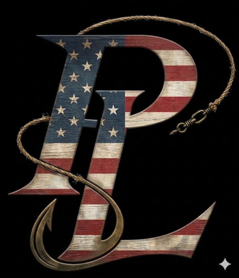 May include: A patriotic design featuring the letters "PL" in a distressed wood texture, adorned with the American flag. A rope and a fishing hook are incorporated into the design, set against a black background.