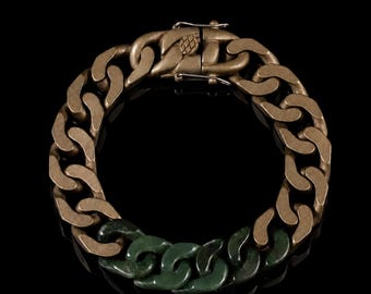 Hand Carved Jade Bracelet | Vintage Bronze Chain | Antiqued Patina Jewelry | Rustic Streetwear Accessory